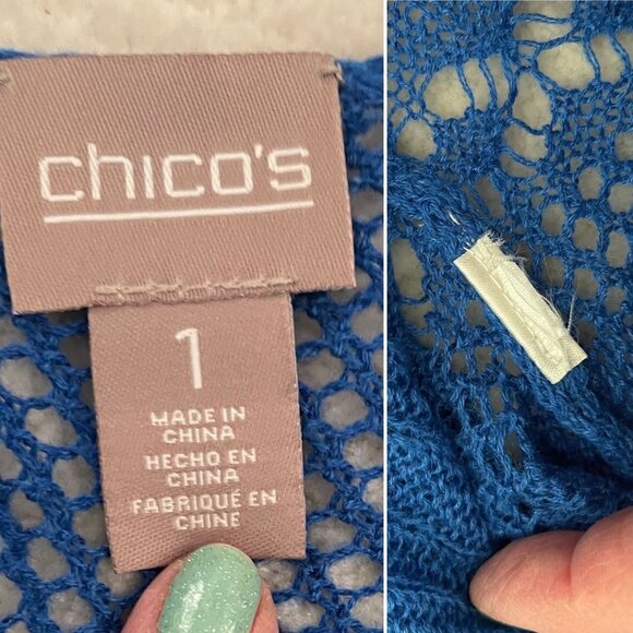Chicos Blue Crochet Knit Top Size M Swim Cover Up Pullover Lightweight Color Pop - Picture 7 of 12